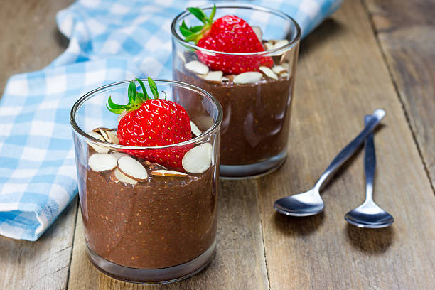 istock Chocolate chia seed pudding garnished with almond slices and strawberry 515065812