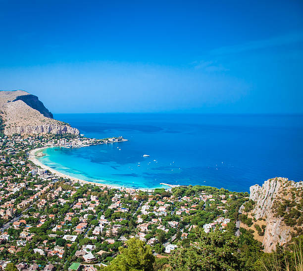 Panoramic view on Mondello white sand beach in Palermo, Sicily. Italy.