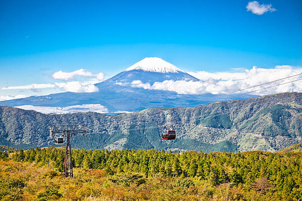 Ropeway at Hakone, Japan with Fuji mountain view Ropeway and view of Mountain Fuji from Owakudani, Hakone. Japan. overhead cable car photos stock pictures, royalty-free photos & images