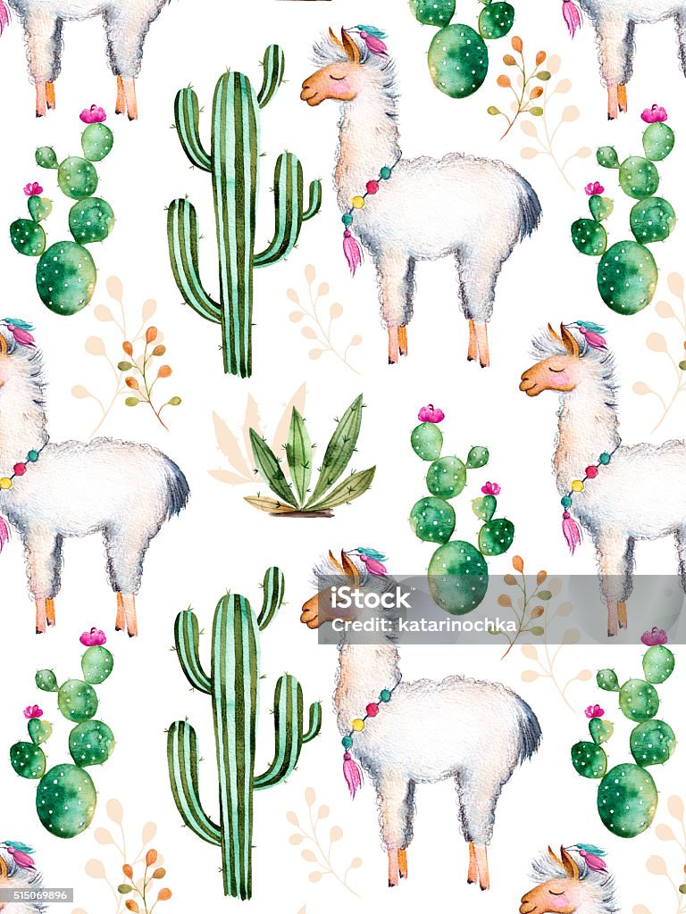Textura con acuarela cactus y plantas, flores y Lama - Ilustración de stock de Cactus libre de derechos
