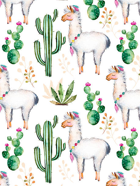 텍스처 워터컬러 캐터스 공장, 꽃 및 라마승 - flower desert single flower cactus stock illustrations