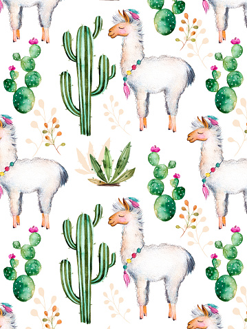 Texture with high quality hand painted watercolor elements for your design with cactus plants,flowers and lama.For your unique creation, wallpaper, background,blogs,pattern,invitations and more