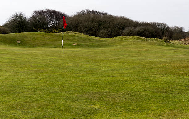 istock Red flag on a winter putting green 515070090