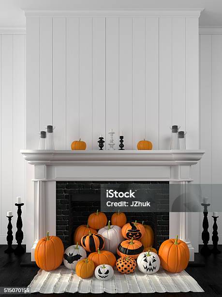 White Fireplace Decorated With Pumpkins For Halloween Stock Photo - Download Image Now