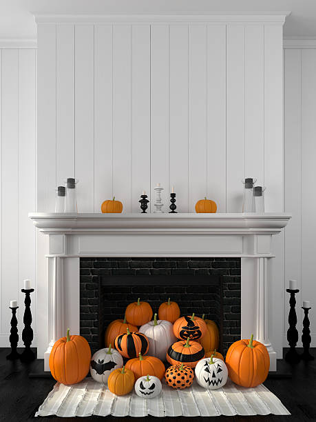 lò sưởi trắng được trang trí bằng bí ngô cho halloween - autumn living room decor hình ảnh sẵn có, bức ảnh & hình ảnh trả phí bản quyền một lần