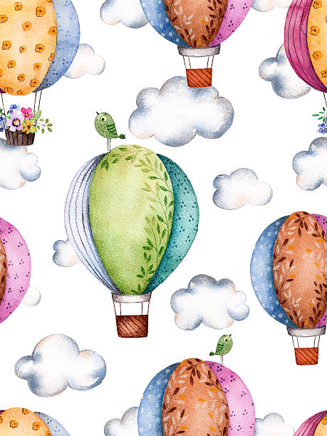 Seamless pattern with air balloons and clouds Seamless pattern with air balloons and clouds in pastel colours.Watercolor air ballons beautifully decorated on white background with pastel cloud and little bird.Perfect for wallpaper,kids texture watercolor hot air balloon stock illustrations