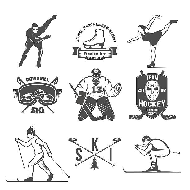 ilustraciones, imágenes clip art, dibujos animados e iconos de stock de invierno deporte divisas conjunto - ice hockey silhouette celebration ice skating