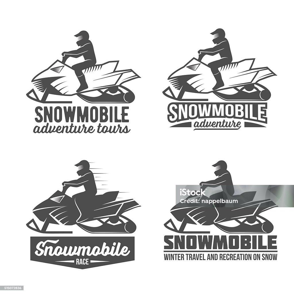 set of snowmobile dadges Set of winter snowmobile emblems. Snowmobile badges and icons. Winter sports. Retro logo design. Old school sport logo. Monochrome badges. Snowmobile stock vector