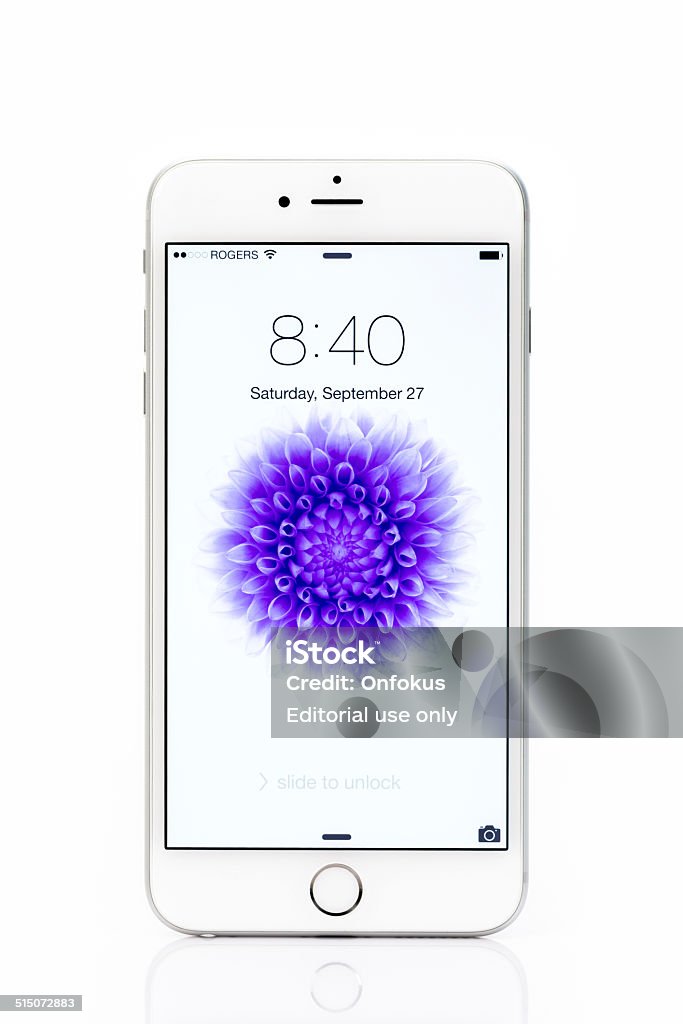 Apple iPhone 6 Plus Locked Screen Isolated on White Background Montreal, Сanada - September 27, 2014: The new Apple iPhone 6 Plus, Apples newest version of this revolutionary mobile device displaying the locked screen. Apple Computers Stock Photo