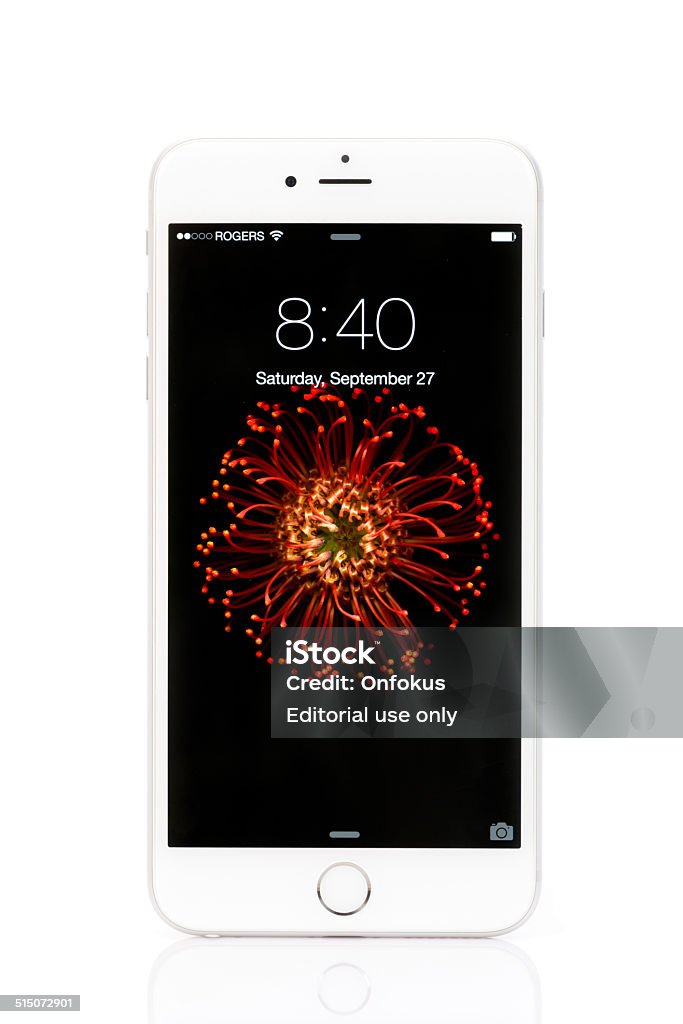 Apple iPhone 6 Plus Locked Screen Isolated on White Background Montreal, Сanada - September 27, 2014: The new Apple iPhone 6 Plus, Apples newest version of this revolutionary mobile device displaying the locked screen. Apple Computers Stock Photo