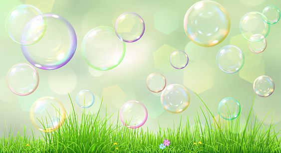 Spring background with green grass, flowers and soap bubbles. Vector illustrations. EPS10 and JPG are available