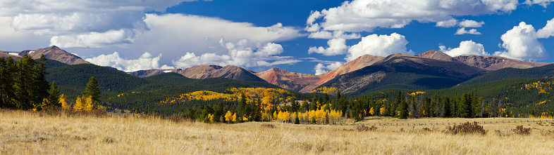 Panoramic landscape of the Colorado Rocky Mountains in Fall