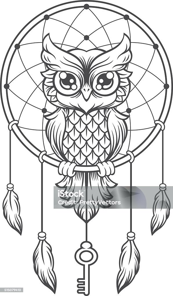 Dream-catcher black and white owl Dream-catcher black and white owl. Vector line illustration Owl stock vector