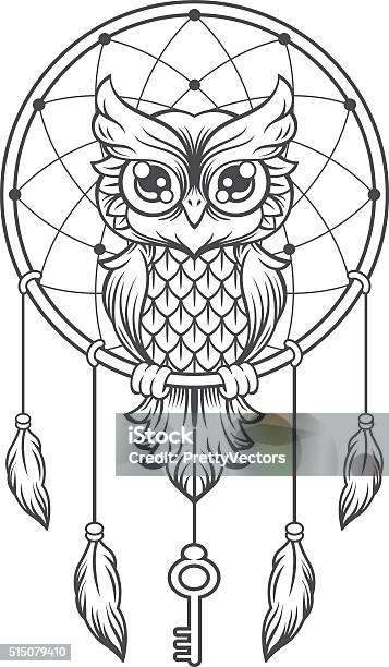 Dreamcatcher Black And White Owl Stock Illustration - Download Image Now - Owl, Mandala, Dreamlike