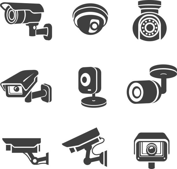 ilustraciones, imágenes clip art, dibujos animados e iconos de stock de video vigilancia cámaras de seguridad icono conjunto de pictogramas gráfico - cámara