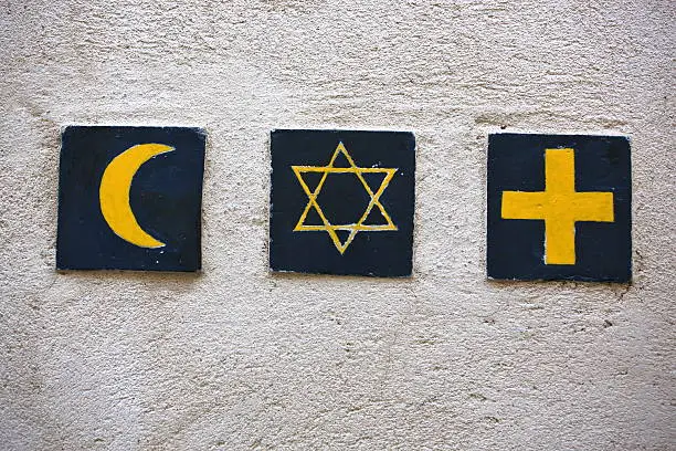 Set of 3 religious symbols: islamic crescent, jewish David's star, christian cross