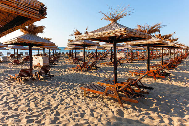 istock Wooden sunbeds by swimming pool 515085924