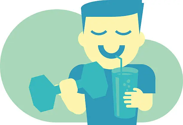 Vector illustration of Healthy Man with Barbell and Smoothie Shake Flat Design