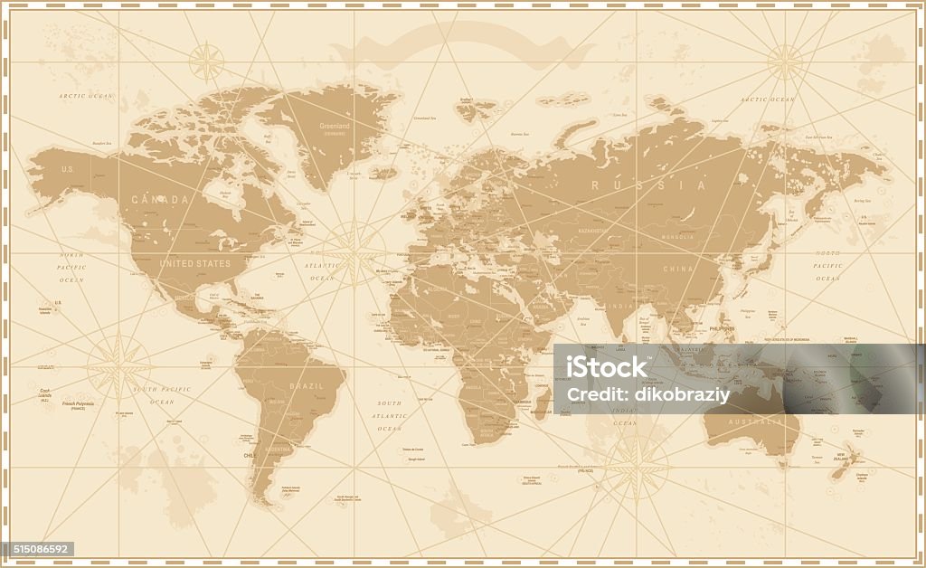 Old Vintage Retro World Map 
Old World Map - Vector Illustration


Source map references: 
hhttp://www.lib.utexas.edu/maps/world_maps/time_zones_ref_2011.pdf
http://www.lib.utexas.edu/maps/world_maps/txu-oclc-264266980-world_pol_2008-2.jpg (some cities)

Creation date:
March 10, 2016

Software:
Adobe Illustrator CS5

Used layers: 1 (detailed outline of the map) World Map stock vector