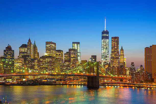 istock Lower Manhattan (Downtown NYC) skyline and Brooklyn Bridge at sunset 515140571