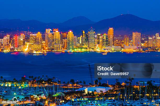 San Diego Skyline And Bay At Dusk Stock Photo - Download Image Now - San Diego, California, Aerial View