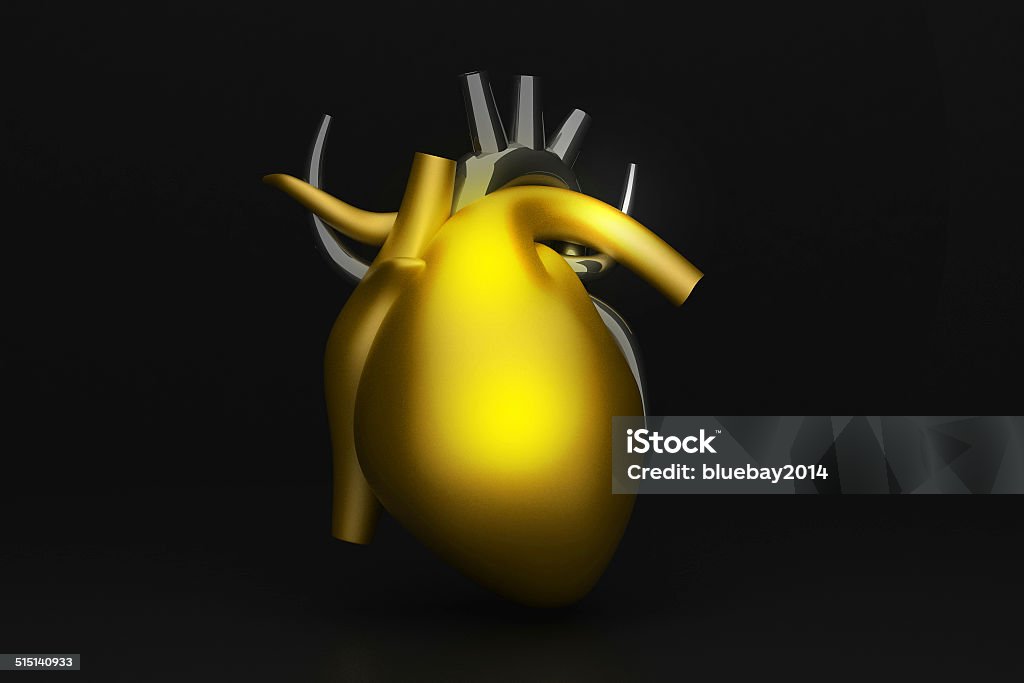 3d render of golden human heart 3d render of golden human heart. Anatomy Stock Photo