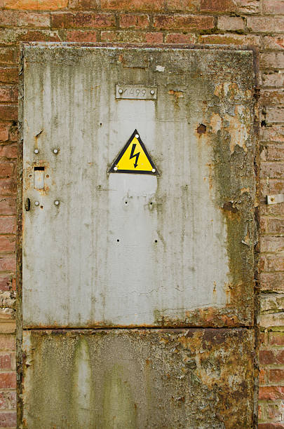 istock door with yellow warning sign of danger 515144743