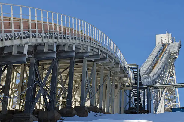 New complex of ski springboards against the blue sky in  Russia, in city Nizhny Tagil