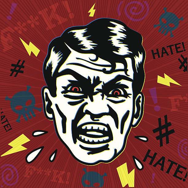 ilustraciones, imágenes clip art, dibujos animados e iconos de stock de vintage con angry hater man yelling swearing y cara - manager rudeness bossy using voice