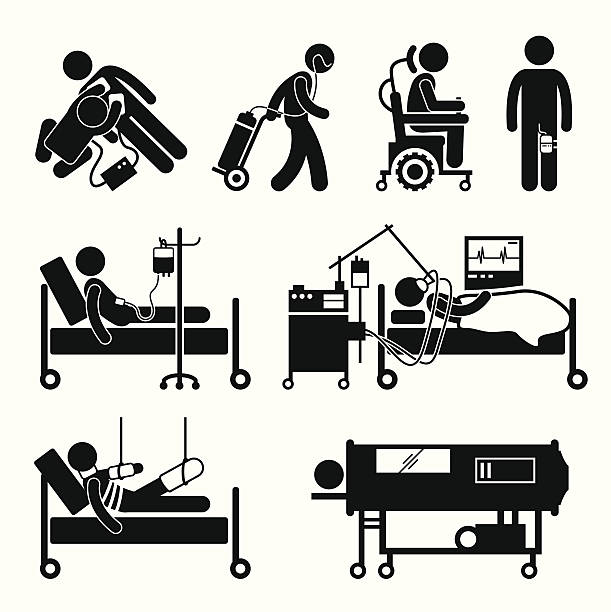 Life Support Equipments Stick Figure Pictogram Icons A set of human pictogram representing various life support equipment using by patient. oxygen cylinder stock illustrations