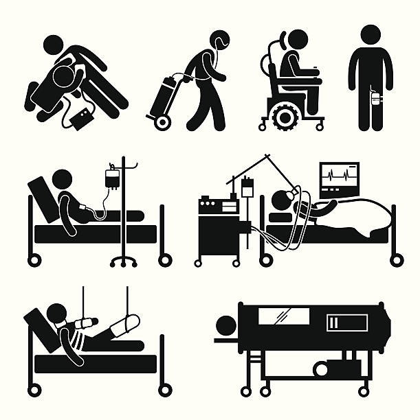 Life Support Equipments Stick Figure Pictogram Icons A set of human pictogram representing various life support equipment using by patient. person oxygen tank stock illustrations
