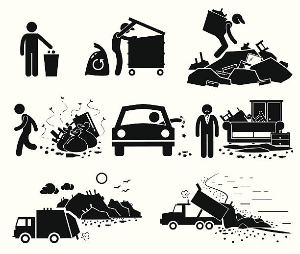 ilustrações, clipart, desenhos animados e ícones de áreas de manipulação de resíduos de descarga de lixo site figura de palito pictogram ícones - scrap metal part of metal recycling