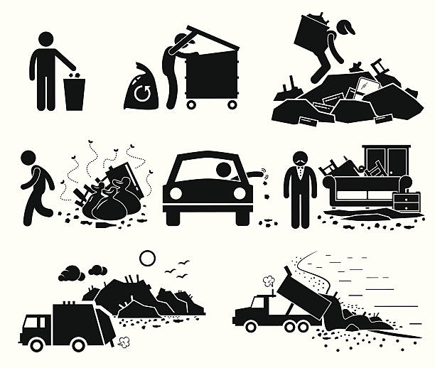 Rubbish Trash Garbage Waste Dump Site Stick Figure Pictogram Icons A set of human pictogram representing rubbish and trash thrown by irresponsible people. It also represent some good people trying to recycle the garbage from dump site. rubbish dump stock illustrations