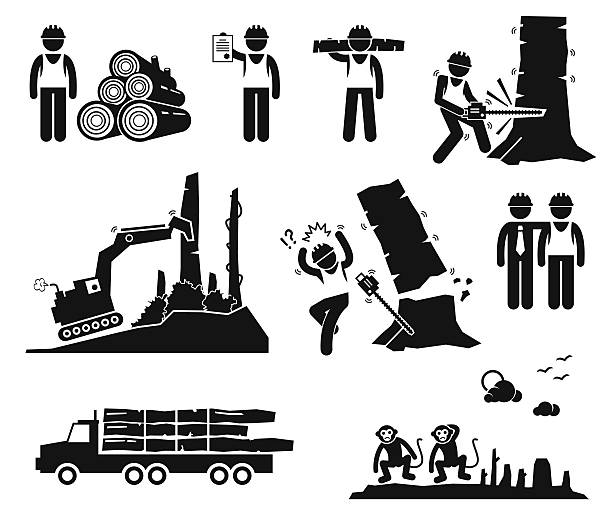 illustrations, cliparts, dessins animés et icônes de timber connexion travailleur déforestation stick figure pictogram icônes - deforestation