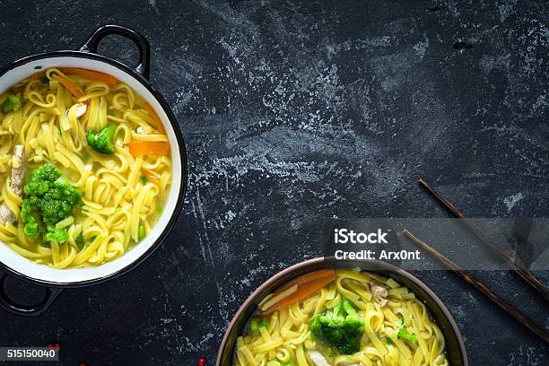 Ramen Asian Noodle Soup Stock Photo - Download Image Now - Healthy Eating, Broccoli, Directly Above