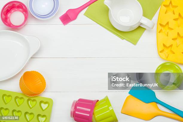 Bakery And Cooking Tools Silicone Moulds Cupcake Cases Measur Stock Photo - Download Image Now
