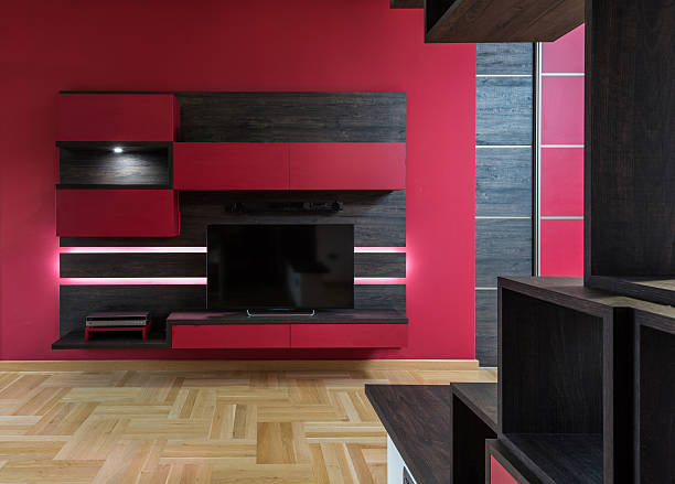 istock Living room wall with tv and shelves 515155808