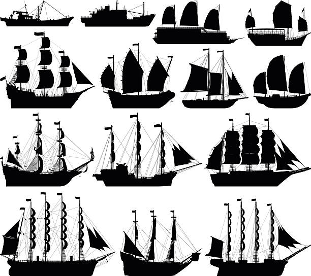 schiff sehr detaillierte silhouetten - brigantine sailing ship old nautical vessel stock-grafiken, -clipart, -cartoons und -symbole