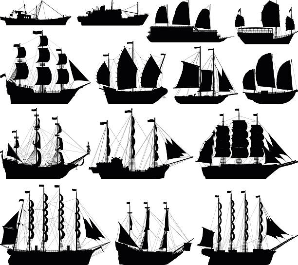 ilustrações de stock, clip art, desenhos animados e ícones de silhuetas altamente detalhadas de navio - sailing ship military ship industrial ship passenger ship