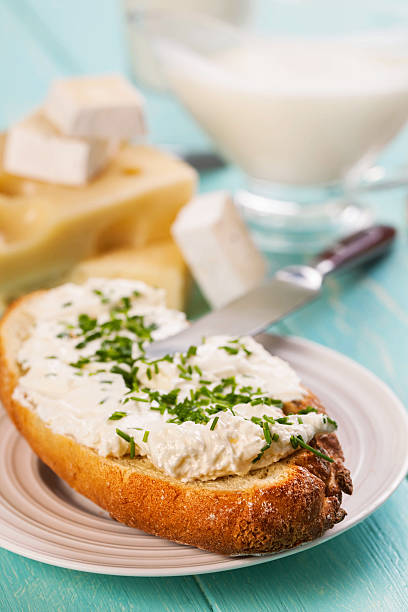 istock Dairy products with Cream cheese on bread slice 515167585