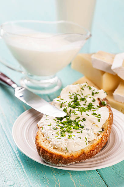 istock Dairy products with Cream cheese on bread slice 515167587