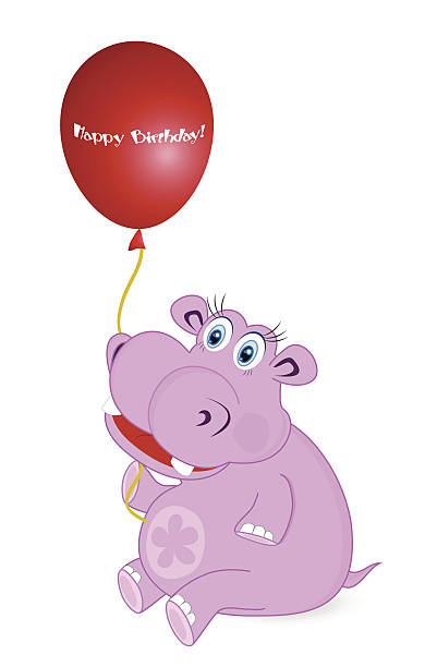 illustrazioni stock, clip art, cartoni animati e icone di tendenza di biglietto di auguri con ippopotamo - balloon love red gift tag