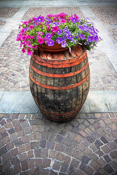 istock Wooden barrel with flowerpot above 515172589
