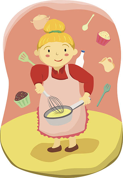 Mama Cooking Mama is cooking and mixing dough with a whisk. middle aged woman cooking stock illustrations