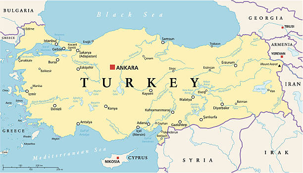 Turkey Political Map Turkey Political Map with capital Ankara, national borders, most important cities, rivers and lakes. English labeling and scaling. Illustration. turkey stock illustrations