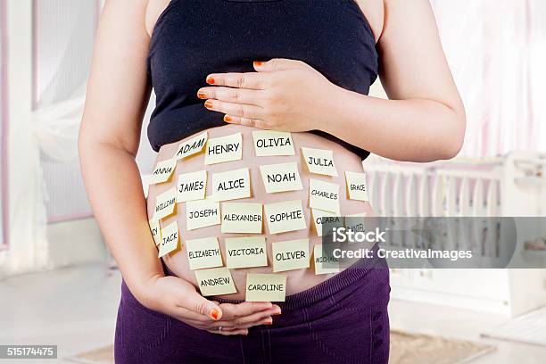 Pregnant Belly With Baby Names Choices Stock Photo - Download Image Now - Baby - Human Age, Identity, Pregnant