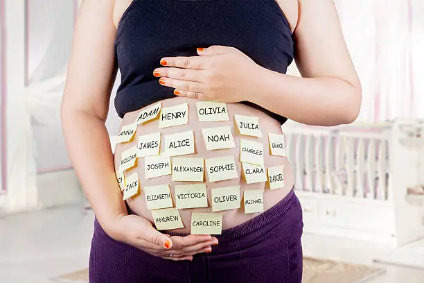 Photo of Pregnant belly with baby names choices