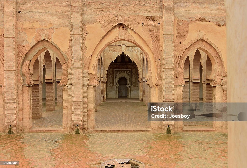 Tinmel Mosque Entryways The ornate entries to the prayer room of the abandoned Tinmel Mosque in Morocco constructed of adobe with mud stucco Morocco Stock Photo