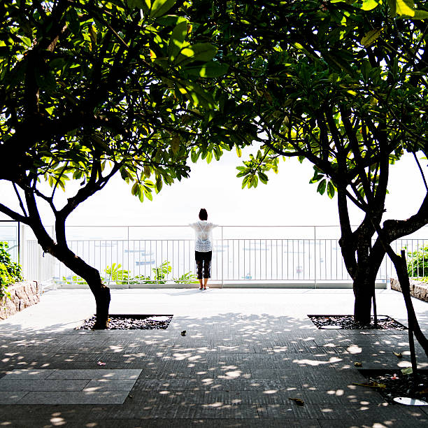 Young asian woman enjoying the view with arms on fence.