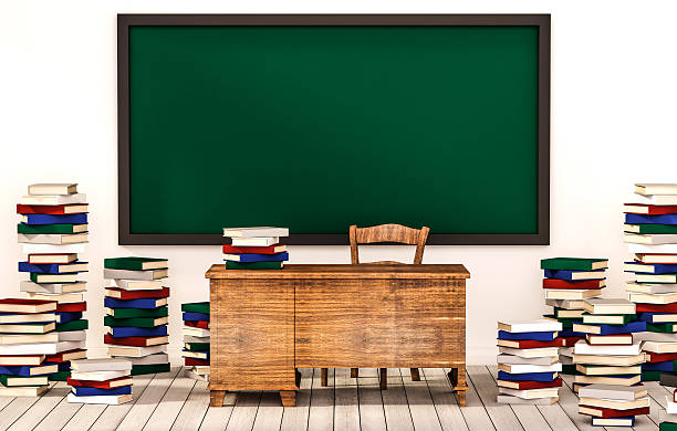 istock Classroom,blackboard on white wall, and piles of books 515192776